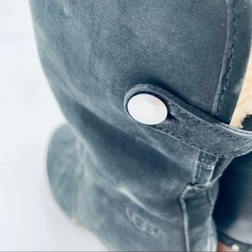 UGG Lynnea Black Suede Studded Fold Over Ankle Boots Size 7 - Picture 3 of 10